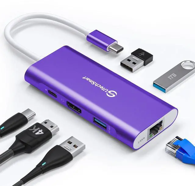Main image of UtechSmart USB C Hub, Ethernet Multiport Adapter 6 in 1 USB C to HDMI Dock Compatible for MacBook Pro/Air, Chromebook, Dell XPS, HP and Type C Devices Dark Purple