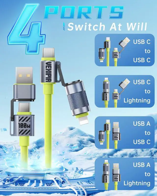 Alt view image 2 of 5 - Vexipia 4 in 1 USB C Cable 100W 5FT Fast Charging & Data Transfer, Thicker Silicone Multi Charger Cord for iPhone iPad Charger Wire Combo with L/Type C/USB A for iPhone 16/15/Macbook (Green)