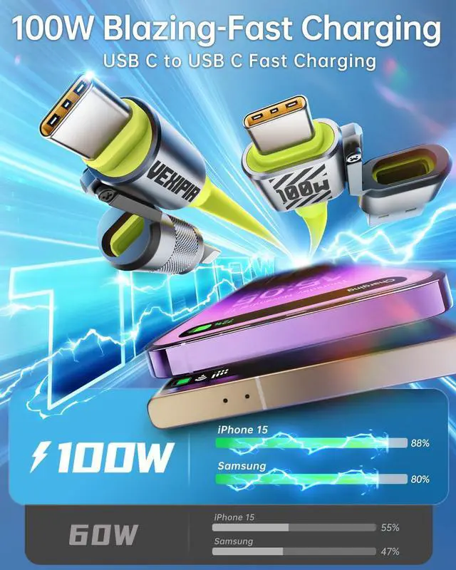 Alt view image 3 of 5 - Vexipia 4 in 1 USB C Cable 100W 5FT Fast Charging & Data Transfer, Thicker Silicone Multi Charger Cord for iPhone iPad Charger Wire Combo with L/Type C/USB A for iPhone 16/15/Macbook (Green)