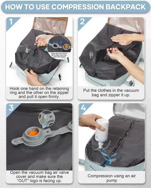 Alt view image 3 of 5 - Vacuum Seal Compression Travel Backpack with Pump for Women Men Airback Vacpack laptop Backpacks with Shoe Compartment Vacuum Seal Packing Carry on Backpack for Airplanes College Casual Daypack Blue