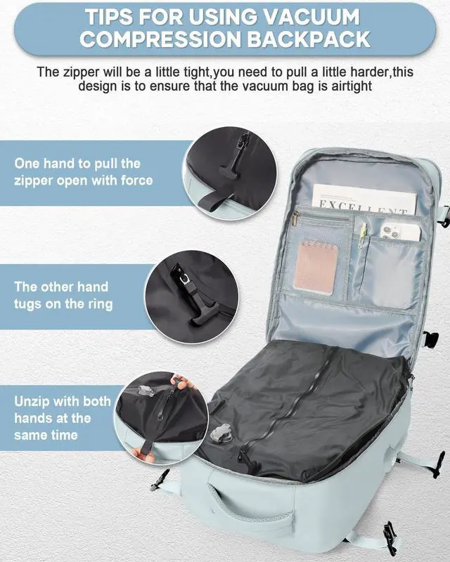 Alt view image 4 of 5 - Vacuum Seal Compression Travel Backpack with Pump for Women Men Airback Vacpack laptop Backpacks with Shoe Compartment Vacuum Seal Packing Carry on Backpack for Airplanes College Casual Daypack Blue