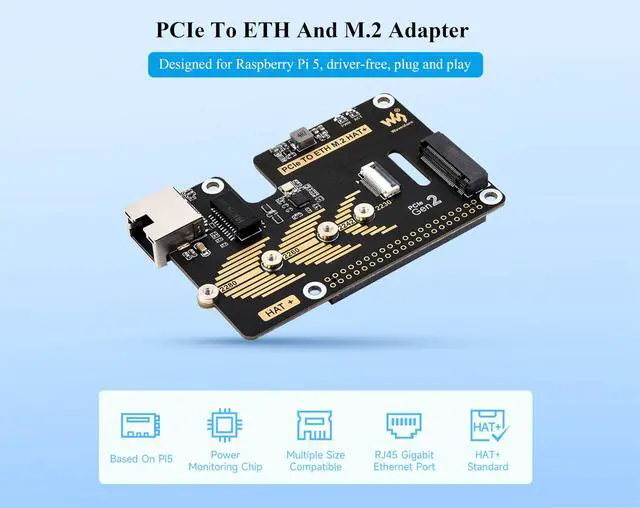 Alt view image 3 of 5 - PCIe to ETH and M.2 Adapter Board Compatible with Raspberry Pi 5, Expands M.2 Hard Drives and Gigabit Ethernet Ports in 2230/2242 / 2260/2280 Sizes, 5Gbps Data Rate,Driver-Free, Plug and Play