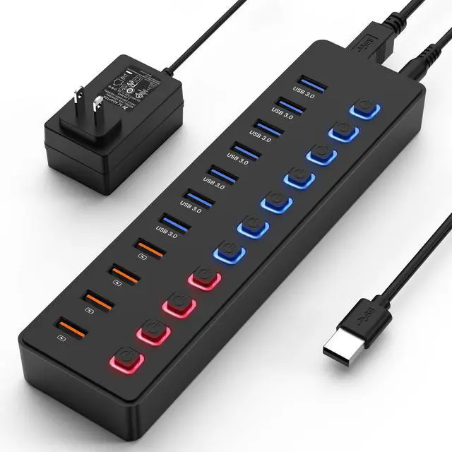 Main image of Powered USB hub,USB hub11-Port hub Splitter (7 USB 3.0 Data Transfer Ports + 4 Smart Charging Port), Independent Switch (with LED Working Indicator) USB 3.0 Hub Powered with Power Adapter for Mac/PC