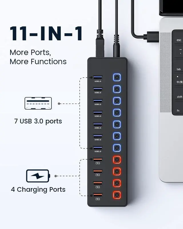 Alt view image 2 of 5 - Powered USB hub,USB hub11-Port hub Splitter (7 USB 3.0 Data Transfer Ports + 4 Smart Charging Port), Independent Switch (with LED Working Indicator) USB 3.0 Hub Powered with Power Adapter for Mac/PC