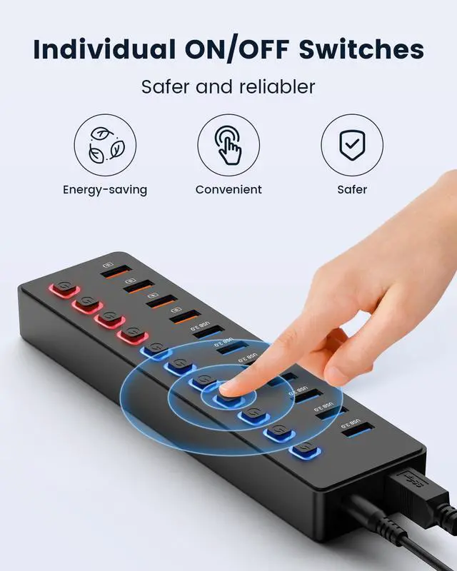 Alt view image 5 of 5 - Powered USB hub,USB hub11-Port hub Splitter (7 USB 3.0 Data Transfer Ports + 4 Smart Charging Port), Independent Switch (with LED Working Indicator) USB 3.0 Hub Powered with Power Adapter for Mac/PC
