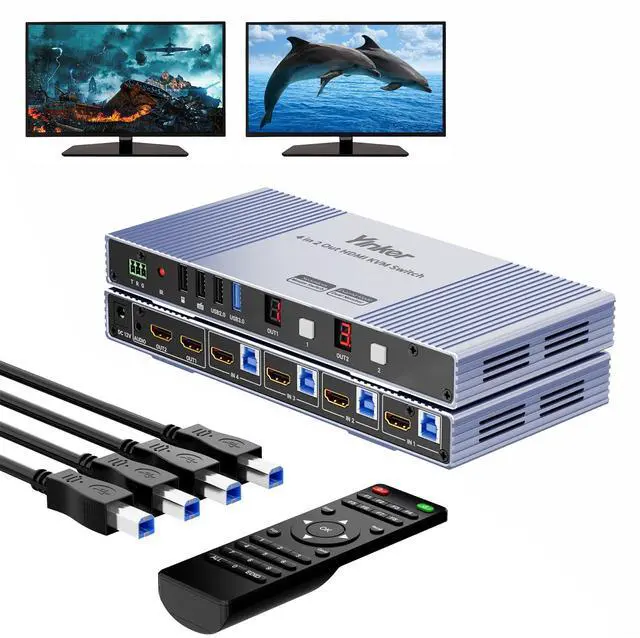 Main image of Yinker 4K Seamless KVM Switch 4 in 2 Out HDMI Matrix Switcher 4K@30Hz for 4 Computers Sharing 2 Monitors, Support USB 3.0, 3.5mm Audio, EDID, Hotkey, Mouse Switching