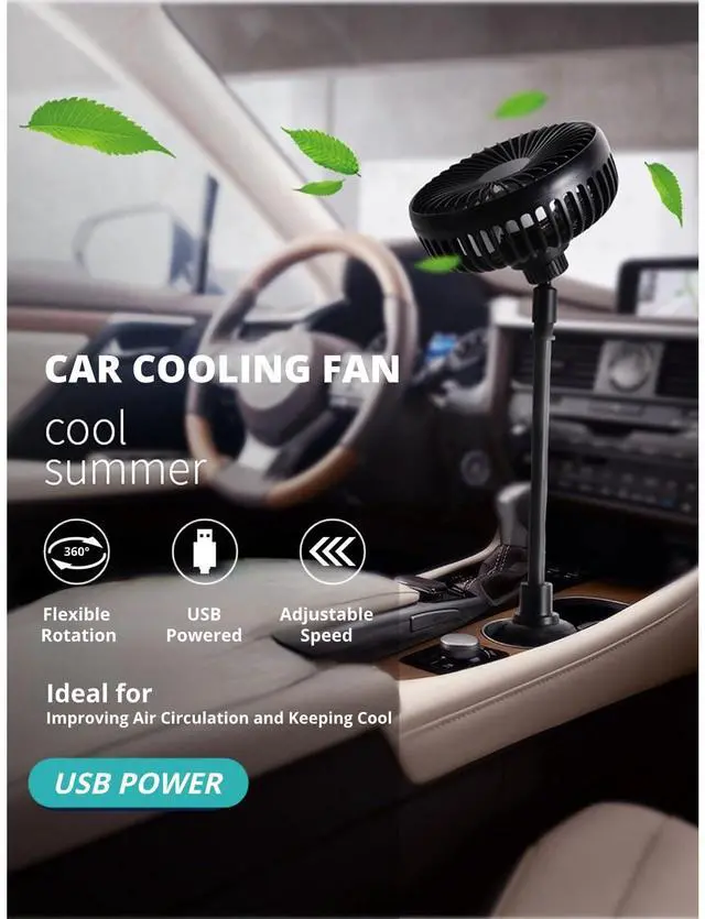 Alt view image 2 of 5 - Car Cooling Fan, Powerful Low Noise Car Fan with 3 Speeds, Gooseneck Design 360deg Rotation for flexible Adjustment, Portable USB Powered Fan for Car Trucks RVs Bus