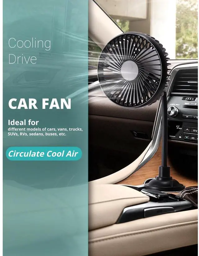 Alt view image 3 of 5 - Car Cooling Fan, Powerful Low Noise Car Fan with 3 Speeds, Gooseneck Design 360deg Rotation for flexible Adjustment, Portable USB Powered Fan for Car Trucks RVs Bus