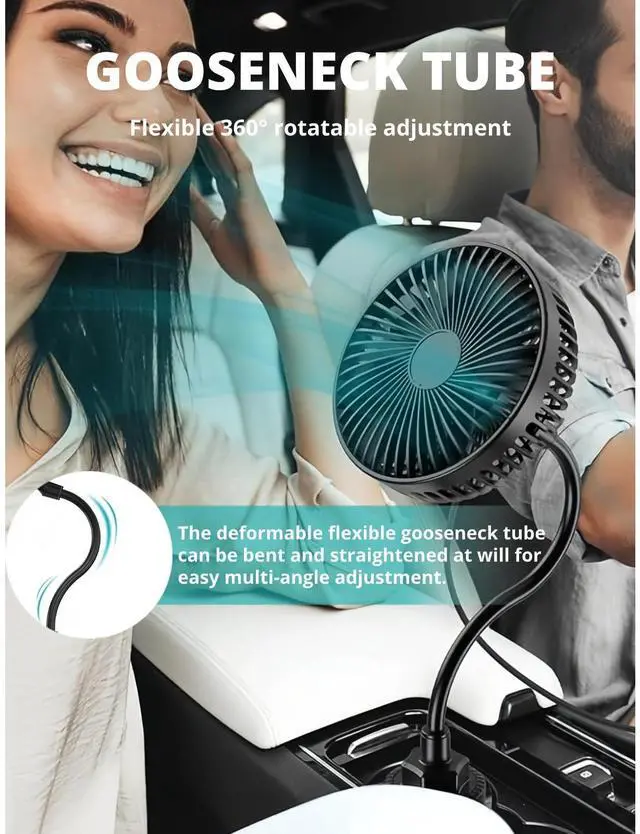 Alt view image 5 of 5 - Car Cooling Fan, Powerful Low Noise Car Fan with 3 Speeds, Gooseneck Design 360deg Rotation for flexible Adjustment, Portable USB Powered Fan for Car Trucks RVs Bus