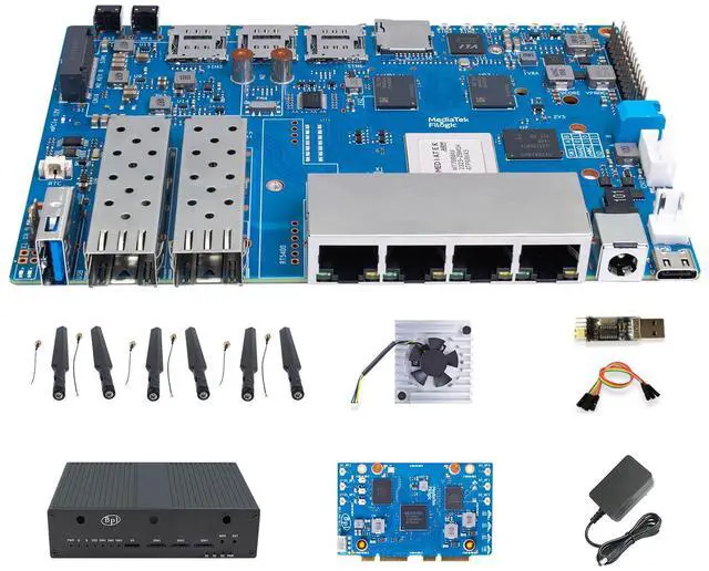 Main image of youyeetoo Banana Pi BPI R4 WiFi 7 Router Single Board Computer - Assembled, 4GB RAM, 8GB eMMC, MediaTek MT7988A Chip, 2X 10Gbe SFP Slots, 4X Gbe Ports, Metal Case (Wi-Fi 7 Paket Bulk)