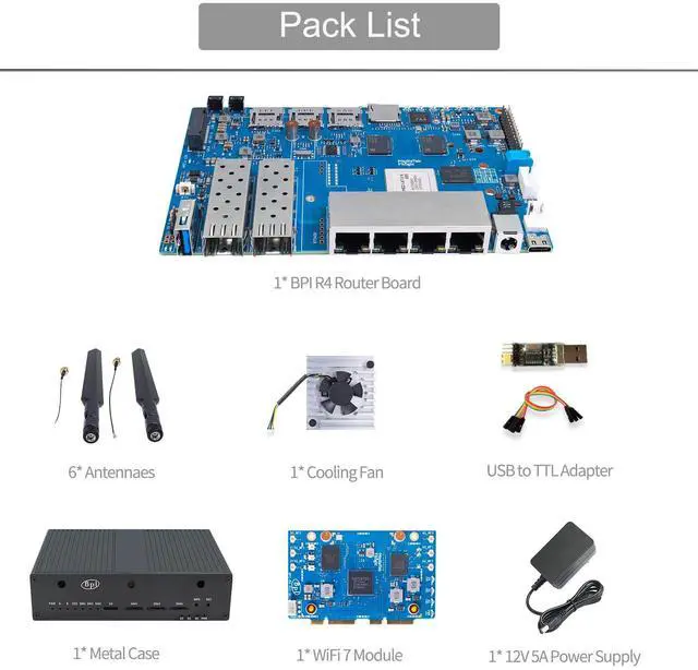 Alt view image 2 of 5 - youyeetoo Banana Pi BPI R4 WiFi 7 Router Single Board Computer - Assembled, 4GB RAM, 8GB eMMC, MediaTek MT7988A Chip, 2X 10Gbe SFP Slots, 4X Gbe Ports, Metal Case (Wi-Fi 7 Paket Bulk)