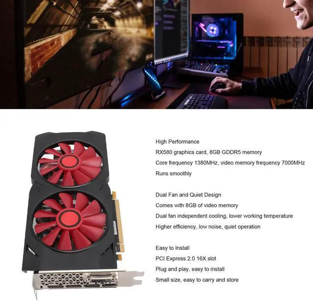 Alt view image 2 of 5 - Yunir Game Graphics Card, RX580 8GB GDDR5 256bit Quiet Cooling Fan PCIe Gaming Graphics Card, with PCI Express 2.0 16X Slot, PCB Material, for Desktop PC