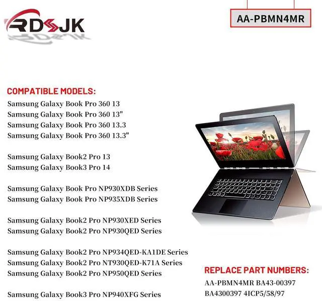 Alt view image 3 of 5 - AA-PBMN4MR Laptop Battery for Samsung Galaxy Book Pro 360 NP930XDB NP935XDB NP930XED NP930QDB NP930QED NP950QED NP934QED-KA1DE NT930QED-K71A NP940XFG NP930XDB-KD1US NP935XDB-KC2DE Series 15.44V 62.1Wh
