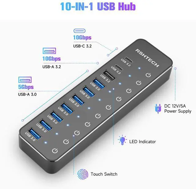 Alt view image 2 of 5 - Powered USB Hub, RSHTECH 10-Port USB 3.2/USB C Hub 60W with 10Gbps USB-A 3.2, 2 USB-C 3.2, 7 USB 3.0 Ports, Individual Touch Switches and 3.3ft Cable, Hybrid USB Splitter for Laptop/PC, RSH-ST10C