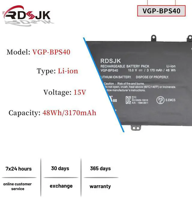 Alt view image 2 of 5 - VGP-BPS40 BPS40 Laptop Battery for Sony Vaio Flip 14A SVF14N SVF14NA1UL SVF14N11CXB SVF 15A SVF15N SVF15N17CXB SVF15NB1GL SVF15NB1GU SVF15NA1GL SVF15NA1GU SVF15N18PXB SVF15N28PXB SVF15N26CXB 15V 48Wh