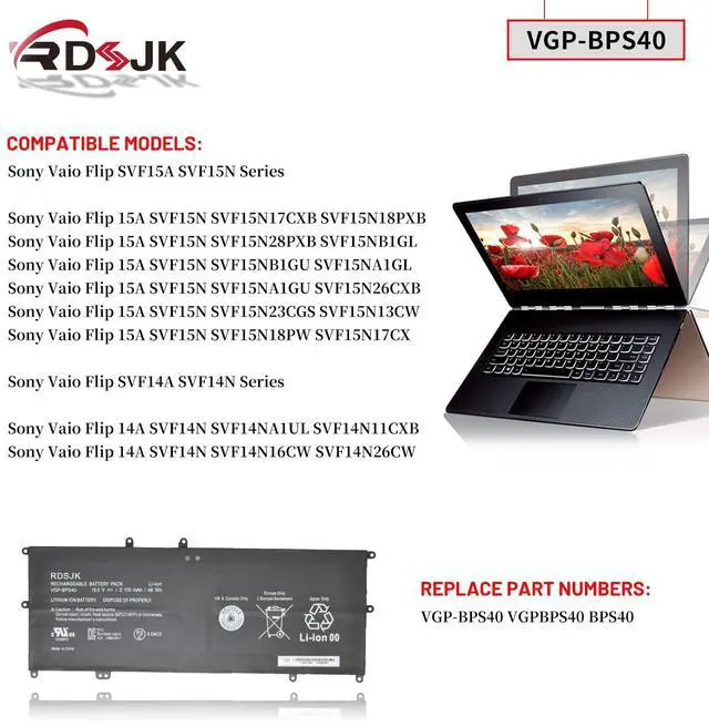 Alt view image 3 of 5 - VGP-BPS40 BPS40 Laptop Battery for Sony Vaio Flip 14A SVF14N SVF14NA1UL SVF14N11CXB SVF 15A SVF15N SVF15N17CXB SVF15NB1GL SVF15NB1GU SVF15NA1GL SVF15NA1GU SVF15N18PXB SVF15N28PXB SVF15N26CXB 15V 48Wh