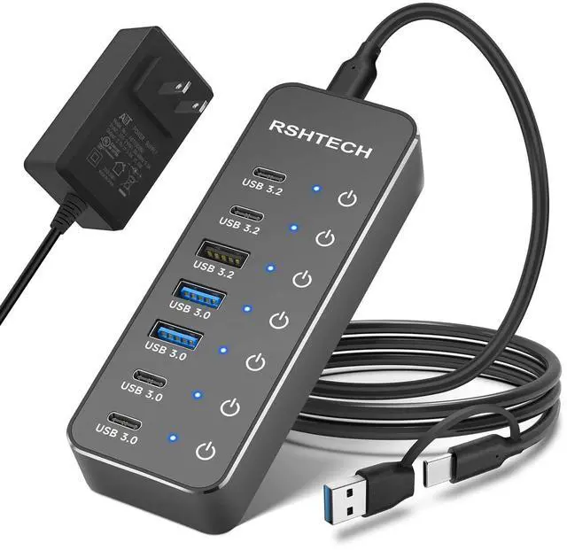 Main image of RSHTECH 7-Port Powered USB 3.2/USB-C Hub Splitter with 3 x 10Gbps USB-3.2 Ports (2C + 1A),4 USB-3.0 Ports (2C + 2A), 3.3ft Cable, Touch Switches, and 5V Power Adapter for Laptop PC