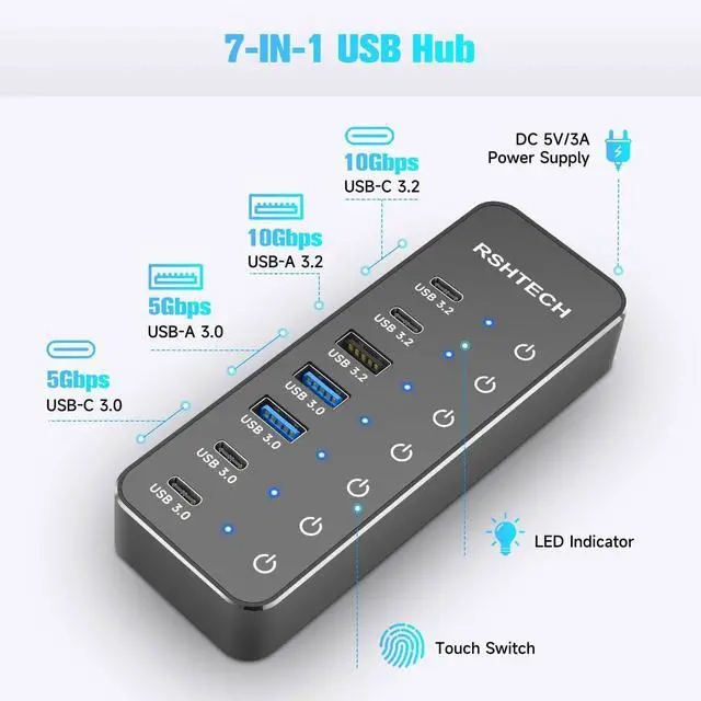 Alt view image 3 of 5 - RSHTECH 7-Port Powered USB 3.2/USB-C Hub Splitter with 3 x 10Gbps USB-3.2 Ports (2C + 1A),4 USB-3.0 Ports (2C + 2A), 3.3ft Cable, Touch Switches, and 5V Power Adapter for Laptop PC