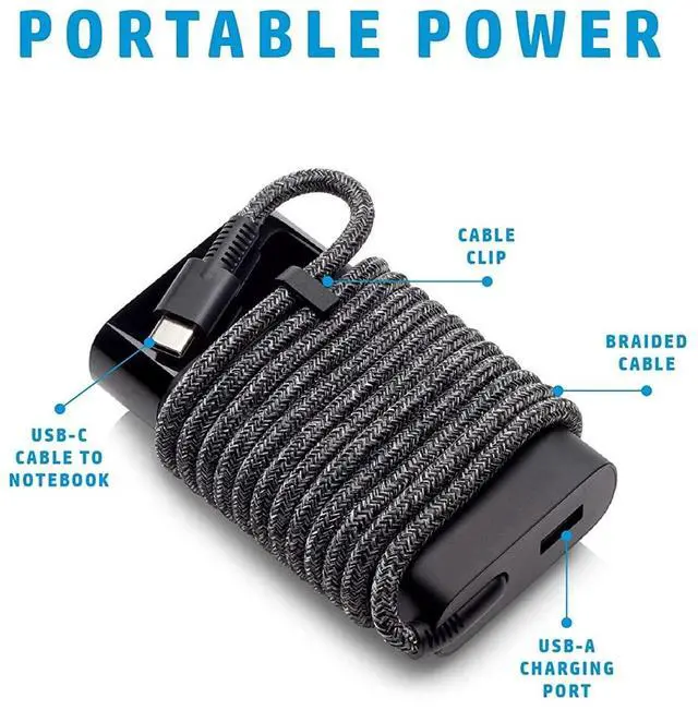 Alt view image 3 of 5 - 65W Slim Travel HP USB C AC Charger for Spectre x360 EliteBook x360 ProBook x360 Chromebook x360 Elite x2 Split x2 Fast Charging Type C Laptop Power Suppy Adapter Cord