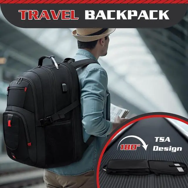 Alt view image 5 of 5 - ZMMMA 50L Travel Backpack, 17 inch Laptop Backpack for Men, Extra Large Sturdy TSA Friendly with USB Port College School Rucksack Bag Gifts for Him Men Women, Black