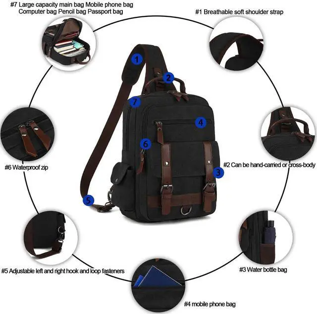 Alt view image 3 of 5 - Vintage Canvas Crossbody Bag, Laptop Crossbody Bag, Men's Crossbody Bag, Lightweight Canvas Single Shoulder Bag, Travel Crossbody Bag, Casual Travel, Cycling Black