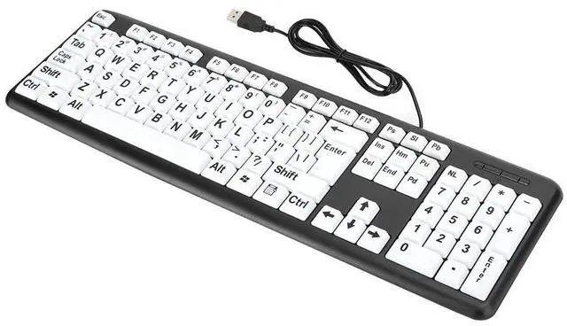 Main image of Computer Wired USB Wired Keyboard, Low Vision Keyboard Black Keyboard with White Large Print Keys(Black)