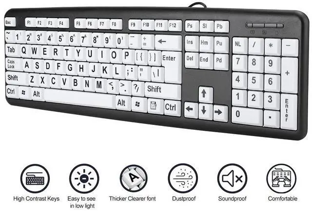 Alt view image 3 of 5 - Computer Wired USB Wired Keyboard, Low Vision Keyboard Black Keyboard with White Large Print Keys(Black)