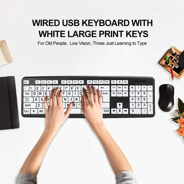 Alt view image 4 of 5 - Computer Wired USB Wired Keyboard, Low Vision Keyboard Black Keyboard with White Large Print Keys(Black)