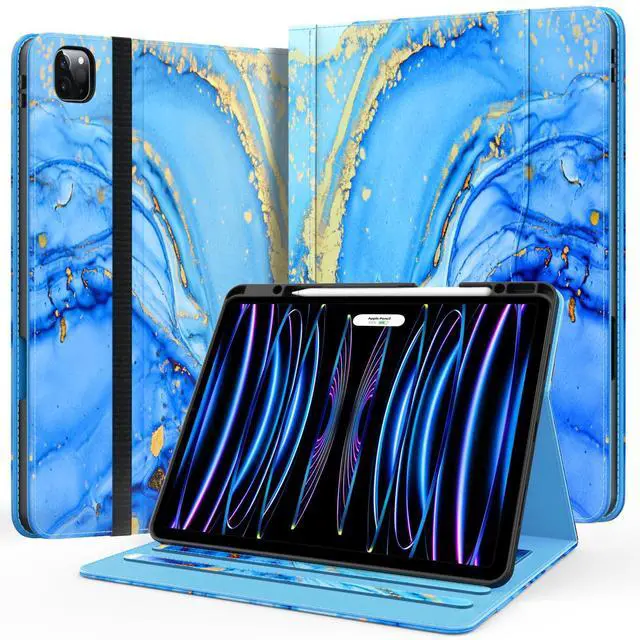 Main image of Zonefoker Case for New iPad Pro 12.9 inch 6th/5th/4th/3rd Generation 2022/2021/2020/2018, 12.9'' ipad Pro Leather Folio Protective Cover 6/5/4/3 Gen with Pencil Holder, Auto Wake/Sleep, Marble Blue
