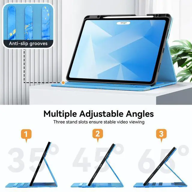 Alt view image 3 of 5 - Zonefoker Case for New iPad Pro 12.9 inch 6th/5th/4th/3rd Generation 2022/2021/2020/2018, 12.9'' ipad Pro Leather Folio Protective Cover 6/5/4/3 Gen with Pencil Holder, Auto Wake/Sleep, Marble Blue