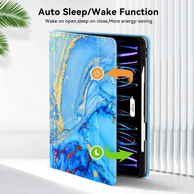 Alt view image 4 of 5 - Zonefoker Case for New iPad Pro 12.9 inch 6th/5th/4th/3rd Generation 2022/2021/2020/2018, 12.9'' ipad Pro Leather Folio Protective Cover 6/5/4/3 Gen with Pencil Holder, Auto Wake/Sleep, Marble Blue