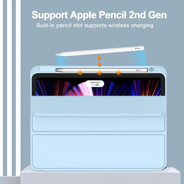 Alt view image 2 of 5 - ZryXal New iPad Pro 11 Inch Case 2022(4th Gen)/2021(3rd Gen)/2020(2nd Gen) with Pencil Holder,Smart iPad Case [Support Touch ID and Auto Wake/Sleep] with Auto 2nd Gen Pencil Charging (Sky Blue)