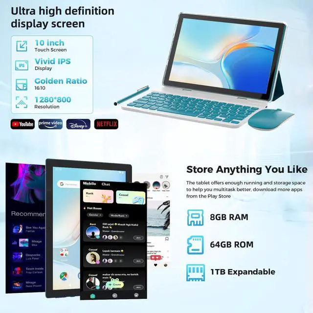 Alt view image 4 of 5 - 10 inch Tablet Android 14 Tablets PC Set 2 in 1 Tablet with Keyboard Case Mouse Stylus 8GB RAM+64GB ROM 1TB Expansion Tableta Computer 10.1" IPS Screen 2MP+8MP Dual Camera 6000 mAh battery WiFi BT Tab
