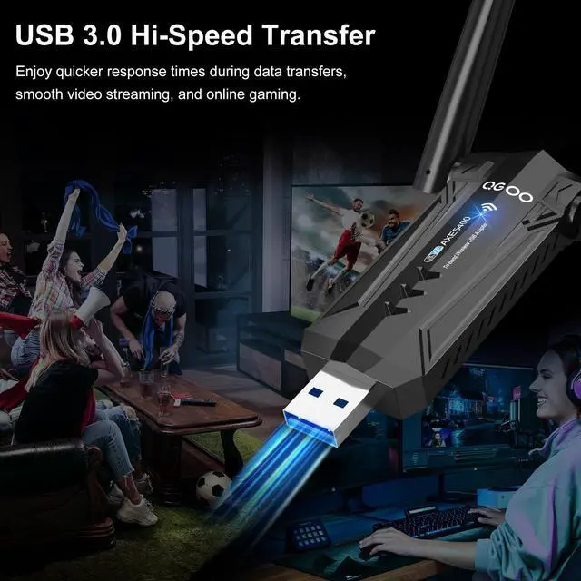 Alt view image 2 of 5 - USB 3.0 WiFi 6E Adapter for Desktop PC, QGOO Tri-Band Axe 5400 Wireless Network Receiver/Dongle with 5dBi Dual Antennas, WiFi Card/Stick 6G/5G/2.4G for Laptop Computer Only Compatible Windows 11/10