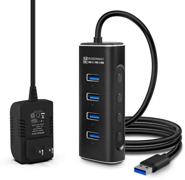 Main image of Powered USB Hub, Rosonway 4 Ports USB 3.1/3.2 Gen 2 Hub 10Gbps with 3.3ft Data Cable, 5V/2A Power Adapter and Individual Switches, Aluminum USB Port Hub Splitter for PC and Laptop, RSH-A104