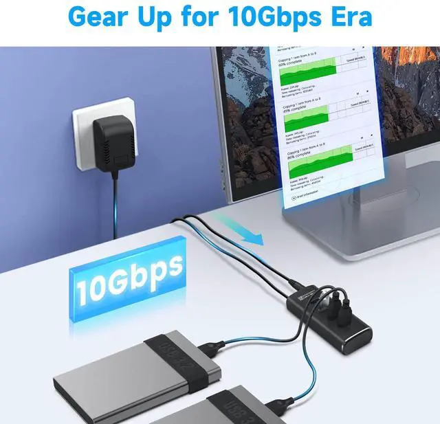 Alt view image 2 of 5 - Powered USB Hub, Rosonway 4 Ports USB 3.1/3.2 Gen 2 Hub 10Gbps with 3.3ft Data Cable, 5V/2A Power Adapter and Individual Switches, Aluminum USB Port Hub Splitter for PC and Laptop, RSH-A104