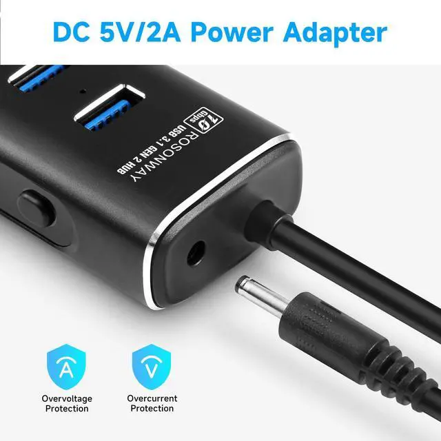 Alt view image 5 of 5 - Powered USB Hub, Rosonway 4 Ports USB 3.1/3.2 Gen 2 Hub 10Gbps with 3.3ft Data Cable, 5V/2A Power Adapter and Individual Switches, Aluminum USB Port Hub Splitter for PC and Laptop, RSH-A104