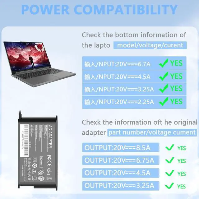 Alt view image 3 of 5 - 170W Thinkpad AC Adapter Charger Compatible with Lenovo Thinkpad Gen 6 5 4 3 2 1,P50 P51 P52 P53 P70 P71 P73 W541 W540 T15g T15p P16v P15v P15 P15g P16 P17 P1 X1,Legion Slim 5 S7 LOQ Power Adapter