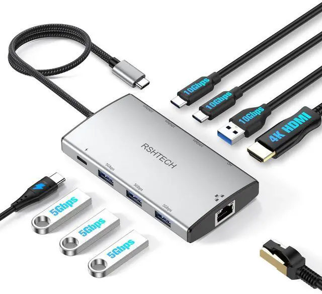 Main image of RSHTECH 9-in-1 USB C Hub Multiport Adapter with 4K HDMI, 10Gbps USB-3.2 Ports(2C + 1A), 3 USB-3.0 5Gbps Data Ports, 100W PD, Gigabit Ethernet, Aluminum USB-C Dongle for MacBook, Laptops and More