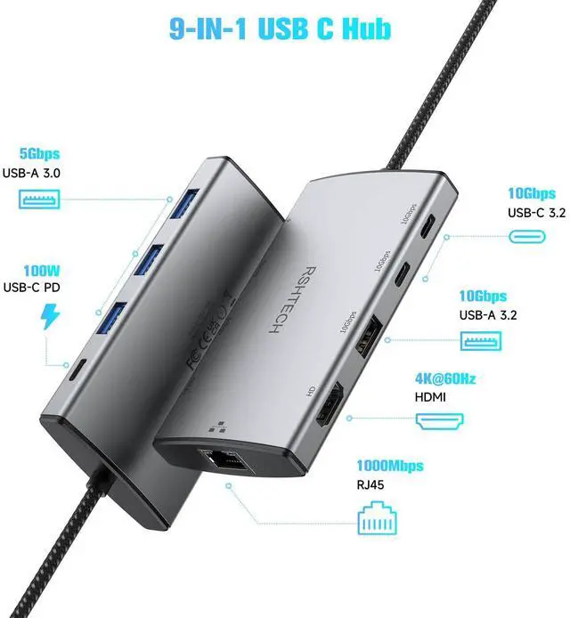 Alt view image 2 of 5 - RSHTECH 9-in-1 USB C Hub Multiport Adapter with 4K HDMI, 10Gbps USB-3.2 Ports(2C + 1A), 3 USB-3.0 5Gbps Data Ports, 100W PD, Gigabit Ethernet, Aluminum USB-C Dongle for MacBook, Laptops and More