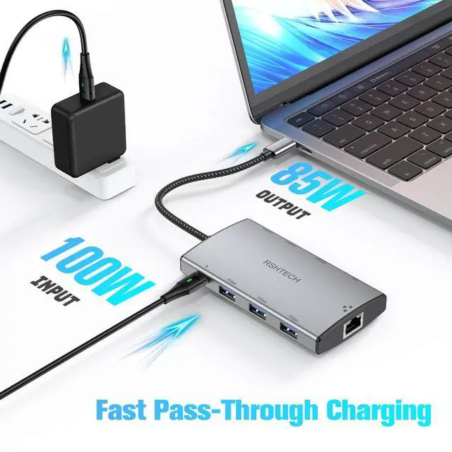 Alt view image 5 of 5 - RSHTECH 9-in-1 USB C Hub Multiport Adapter with 4K HDMI, 10Gbps USB-3.2 Ports(2C + 1A), 3 USB-3.0 5Gbps Data Ports, 100W PD, Gigabit Ethernet, Aluminum USB-C Dongle for MacBook, Laptops and More