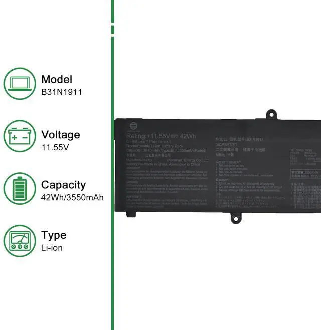 Alt view image 2 of 5 - JIAZIJIA B31N1911 Laptop Battery Replacement for Asus VivoBook Flip 14 A413FA K413EA M413DA S413DA TM420IA TM420UA TP420IA TP420UA TP470EA TP470EZ X421DA X421IA X421UA Series B31BME1 11.55V 42Wh