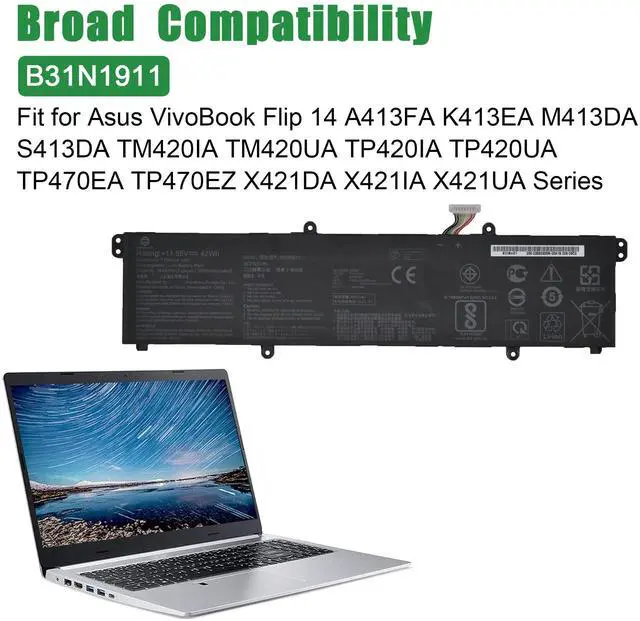 Alt view image 4 of 5 - JIAZIJIA B31N1911 Laptop Battery Replacement for Asus VivoBook Flip 14 A413FA K413EA M413DA S413DA TM420IA TM420UA TP420IA TP420UA TP470EA TP470EZ X421DA X421IA X421UA Series B31BME1 11.55V 42Wh