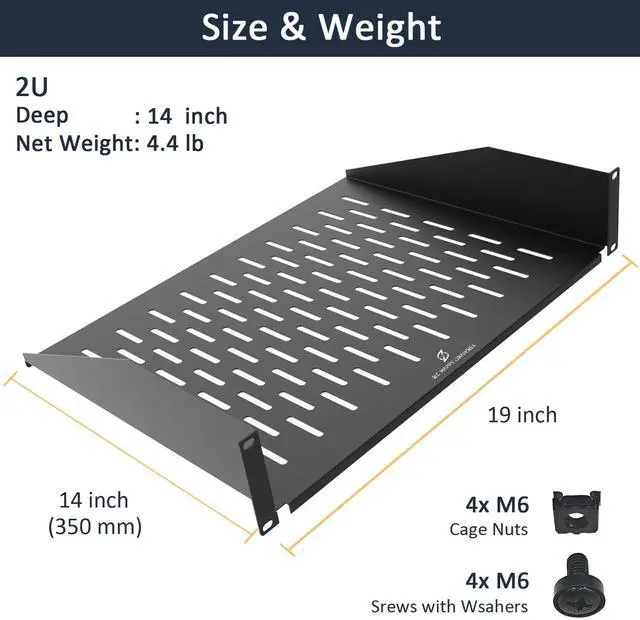 Alt view image 2 of 5 - ZC HAPPY ORANGES 2U Server Rack Shelf 19-Inch Universal Vented Rack Mount Cantilever Server Cabinet Shelf Duty Steel - Weight Capacity 50lb/23kg 14" Deep,Black (2U 14 inch Deep)