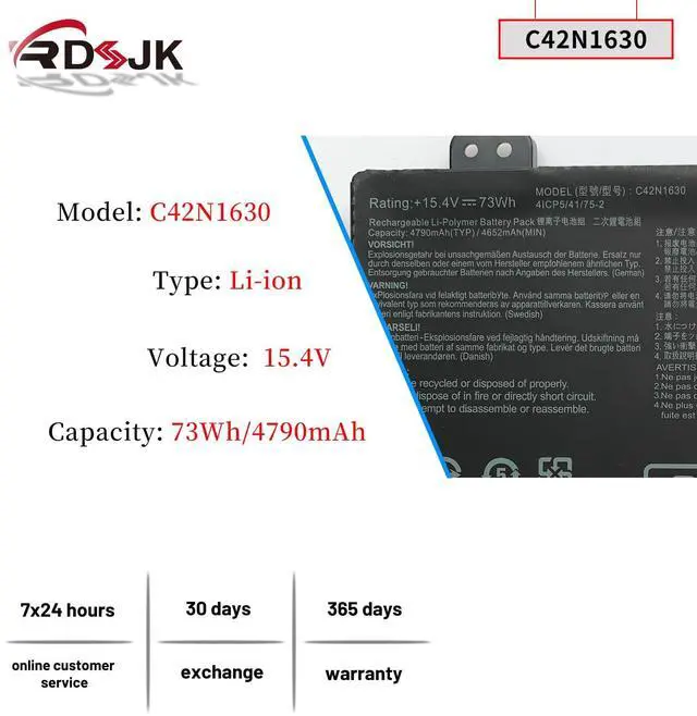 Alt view image 2 of 5 - C42N1630 Laptop Battery for ASUS Zenbook Pro UX550 UX550VE UX550VD UX550VD-7700 UX550VD-BN005T UX550VD-BN010T UX550VD-BN081T UX550VD-BN152T UX550VE-E3061T UX550VE-XH71 Series 0B200-02520000 15.4V 73Wh