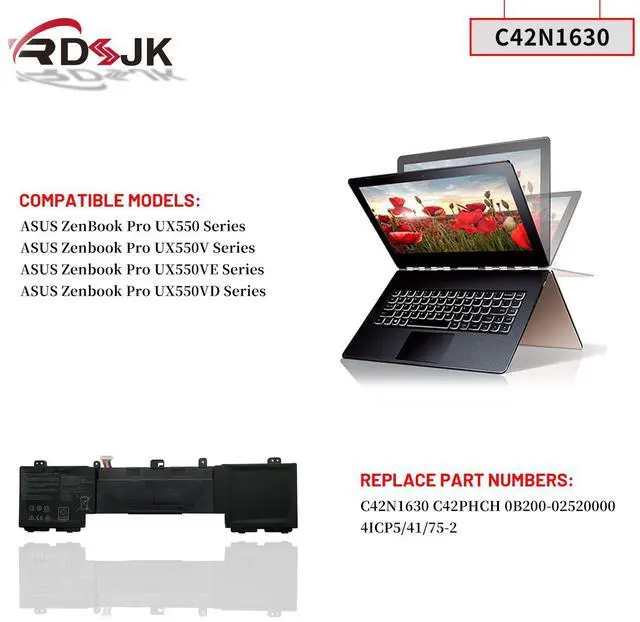 Alt view image 3 of 5 - C42N1630 Laptop Battery for ASUS Zenbook Pro UX550 UX550VE UX550VD UX550VD-7700 UX550VD-BN005T UX550VD-BN010T UX550VD-BN081T UX550VD-BN152T UX550VE-E3061T UX550VE-XH71 Series 0B200-02520000 15.4V 73Wh