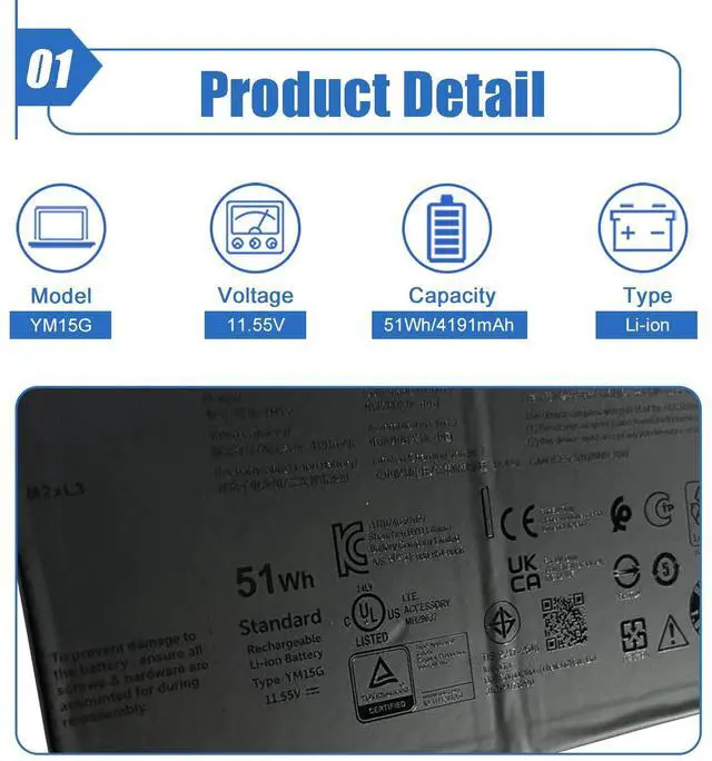 Alt view image 2 of 5 - Dentsing YM15G Laptop Battery 51Wh Compatible with Dell XPS 13 9315 Series (Not for 9315 2-in-1) 9315-P1708LTW 9315-D1705S 9315-C0NNP 9315-WP01KR 0W6D4H W6D4H 0G9FHC G9FHC 11.55V 4191mAh