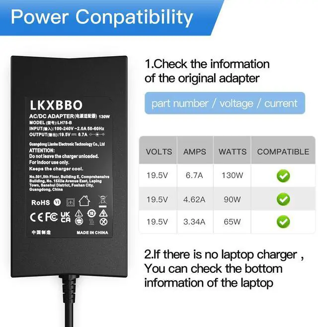 Alt view image 2 of 5 - 130W AC Charger Fit for Dell XPS 15 L502X L501X 17 L702X 15 7000 7559 Dell G3 G5 PA-4E LA130PM121 DA130PE1-00 JU012 CM161 Laptop Power Supply Adapter Cord