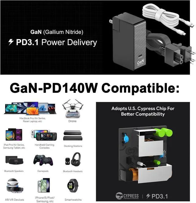 Alt view image 2 of 5 - HKY 140W USB C Charger 10Ft Long Portable Slim GaN PD3.1 USB-C Power Adapter for Starlink Mini,M4 MacBook Air/Pro,Dell,Lenovo,MSI,HP Gaming Laptop PC,Docking Station,Avalon Nano 3 BTC,ADP-140AB B