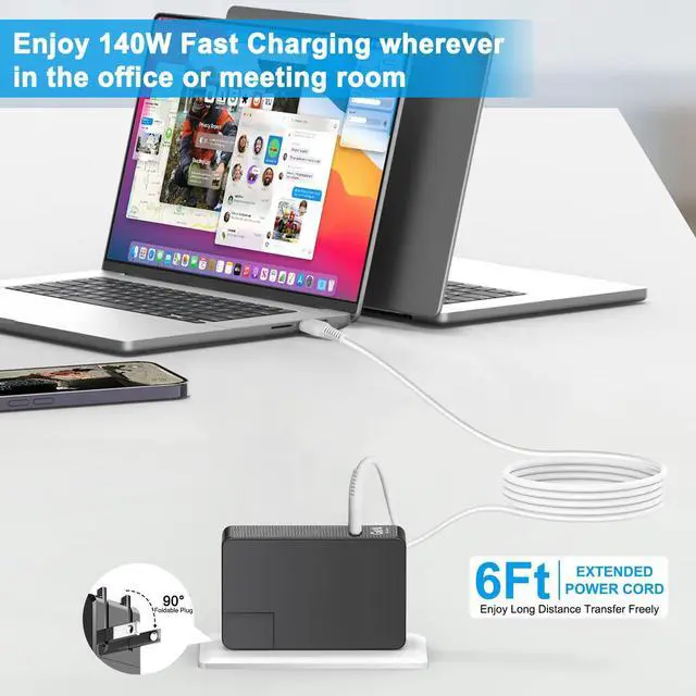 Alt view image 5 of 5 - HKY 140W USB C Charger 10Ft Long Portable Slim GaN PD3.1 USB-C Power Adapter for Starlink Mini,M4 MacBook Air/Pro,Dell,Lenovo,MSI,HP Gaming Laptop PC,Docking Station,Avalon Nano 3 BTC,ADP-140AB B